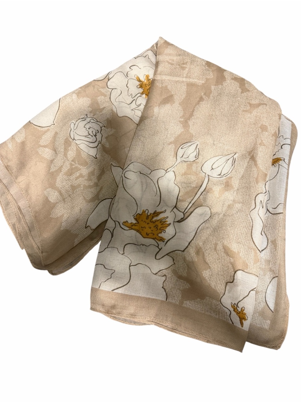 Beige Floral Lightweight Scarf with White & Mustard Accents